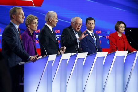 The democratic candidates for president: Pictured from left to right, Tom Steyer, Elizabeth Warren, Joe Biden, Bernie Sanders, Pete Buttigieg, and Amy Kobuchar 