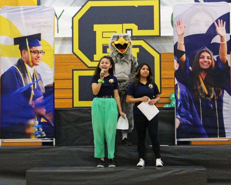 Cassandra Flores, junior, hypes up the crowd during the 8th Grade Visit 