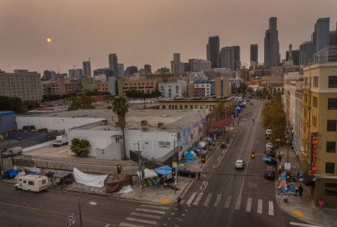 An aerial view of homeless encampments in Skid Row in Los Angeles from September 2021.